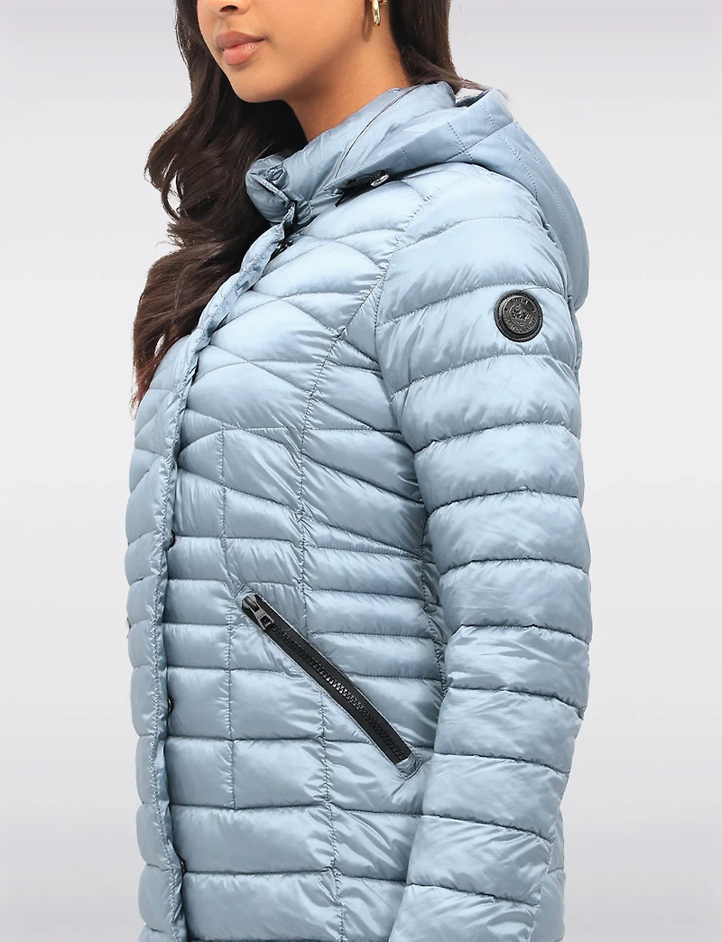 Lightweight Cornelia Vegan Quilted Long Puffer Jacket with Zip-Off Hood by Saki