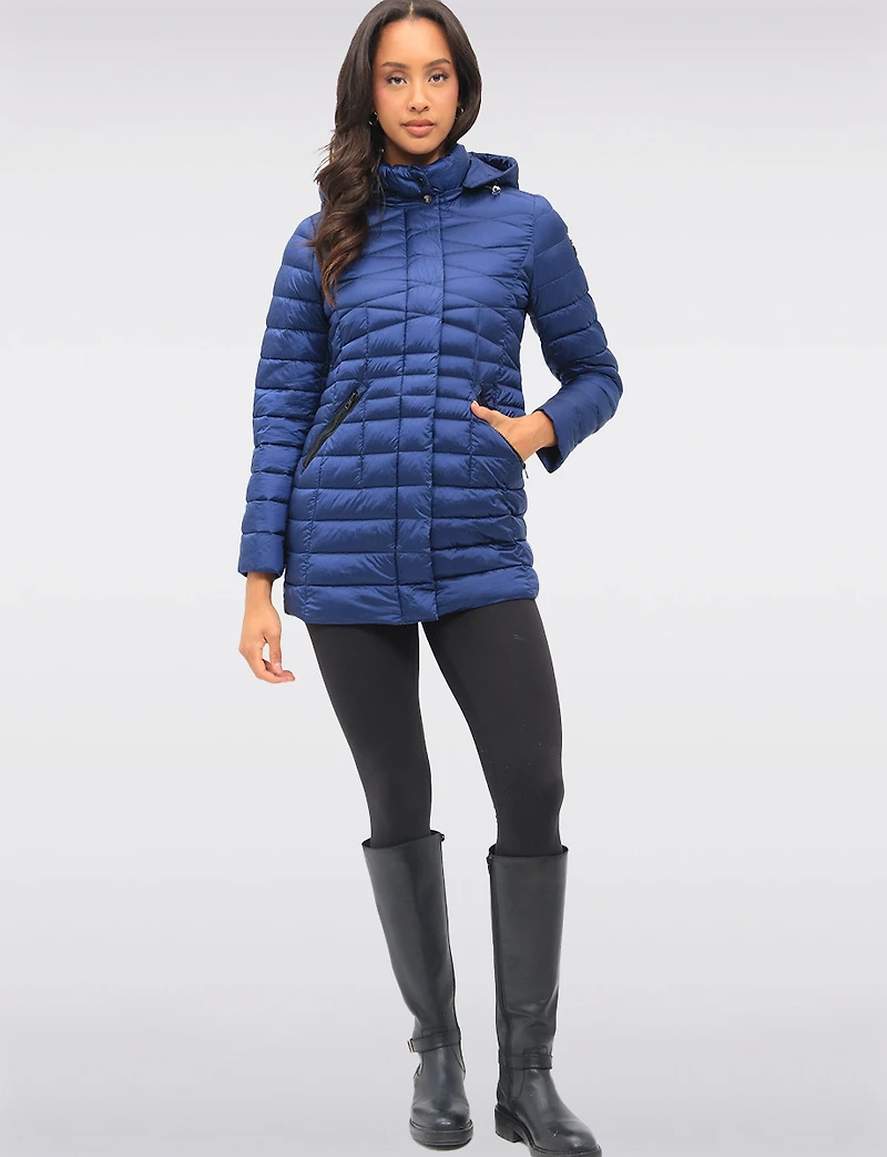 Lightweight Cornelia Vegan Quilted Long Puffer Jacket with Zip-Off Hood by Saki