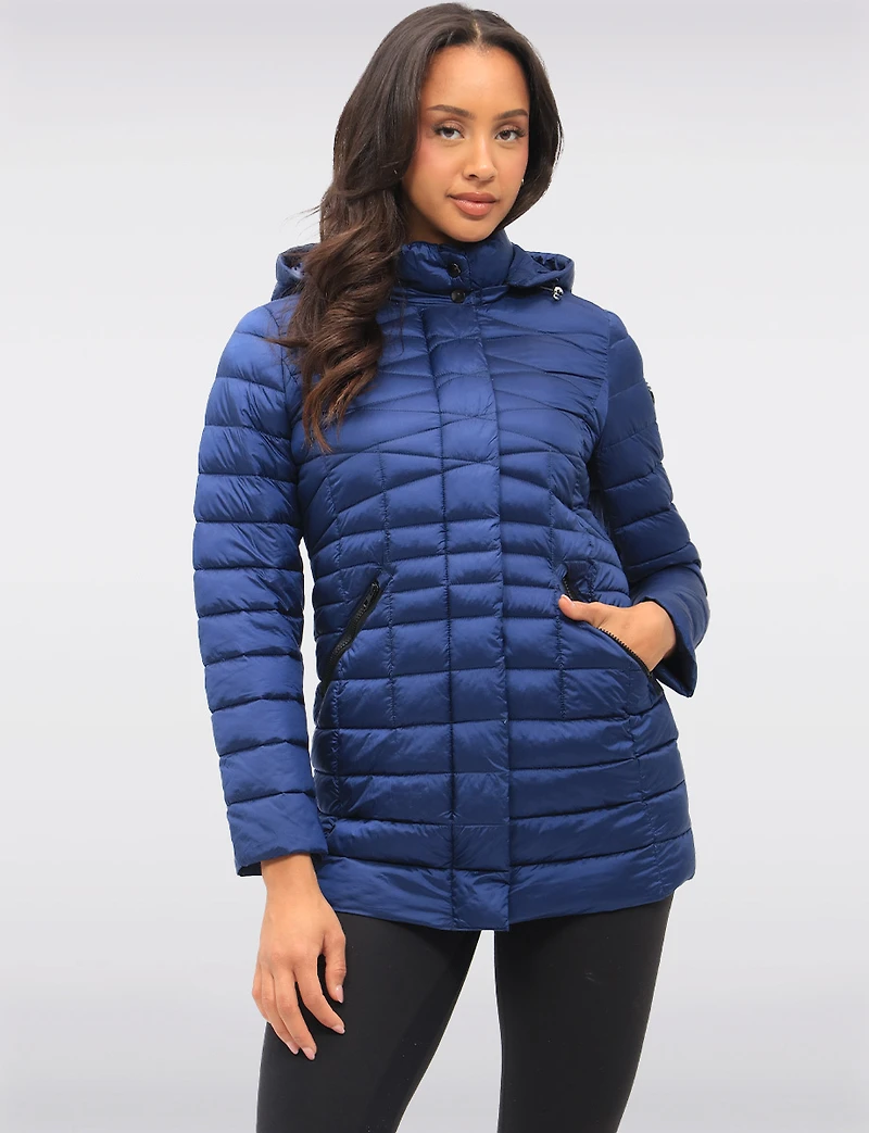 Lightweight Cornelia Vegan Quilted Long Puffer Jacket with Zip-Off Hood by Saki