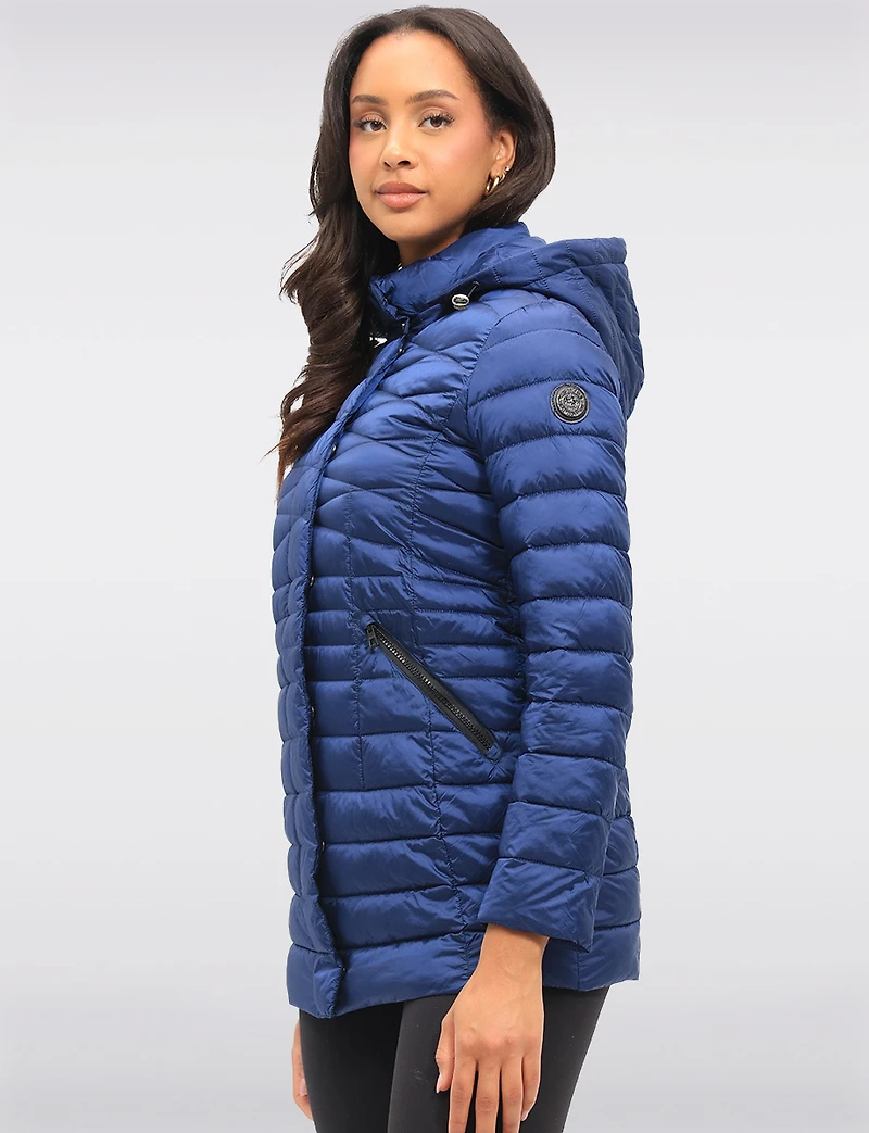 Lightweight Cornelia Vegan Quilted Long Puffer Jacket with Zip-Off Hood by Saki