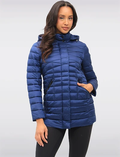 Lightweight Cornelia Vegan Quilted Long Puffer Jacket with Zip-Off Hood by Saki