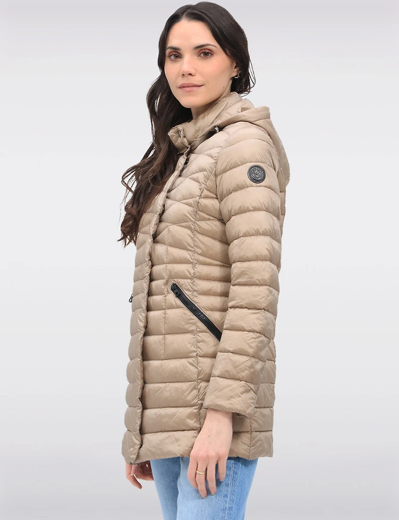 Lightweight Cornelia Vegan Quilted Long Puffer Jacket with Zip-Off Hood by Saki