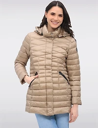 Lightweight Cornelia Vegan Quilted Long Puffer Jacket with Zip-Off Hood by Saki