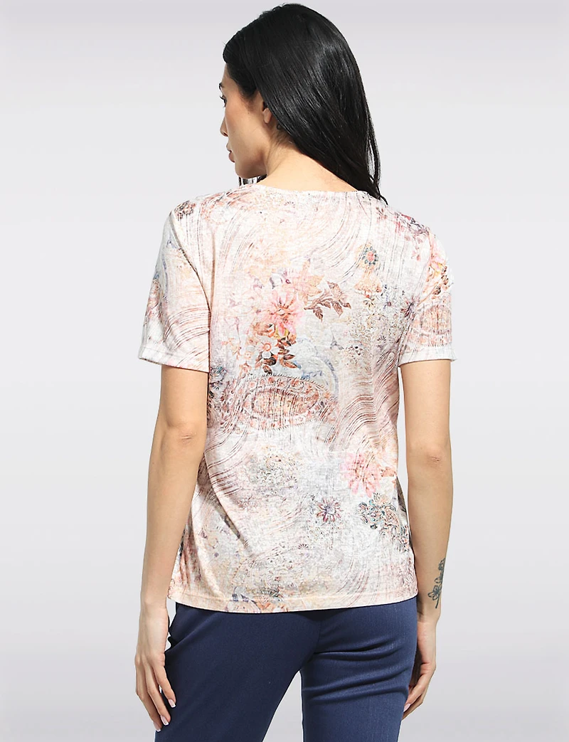 Classic Stretch Paisley Floral Design Short Sleeve Knit Top by Beta's Choice