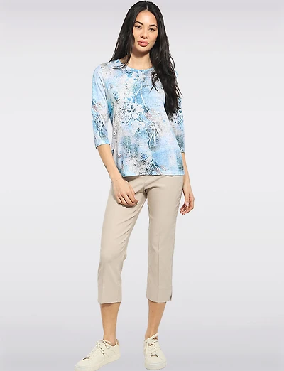 Lightweight Printed Round Neck 3/4 Sleeve Rhinestones Knit Top by Beta's Choice