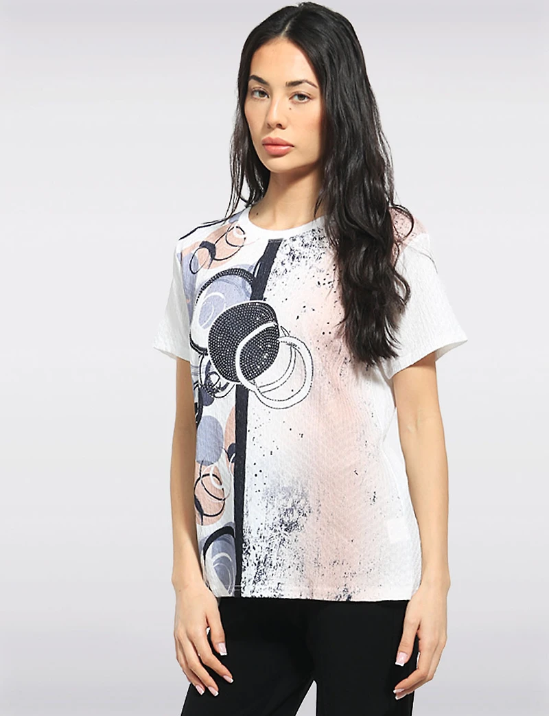 Crinkled Abstract Circle Print Short-Sleeve Top with Studs by Fashion Collection