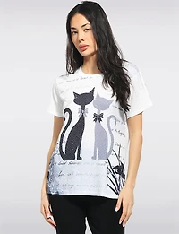 Cat Graphic Script Print Short-Sleeve Top with Studs by Fashion Collection