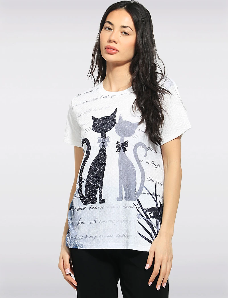 Cat Graphic Script Print Short-Sleeve Top with Studs by Fashion Collection