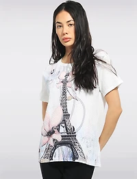 Eiffel Tower & Floral Graphic Short Sleeve Top with Studs by Fashion Collection