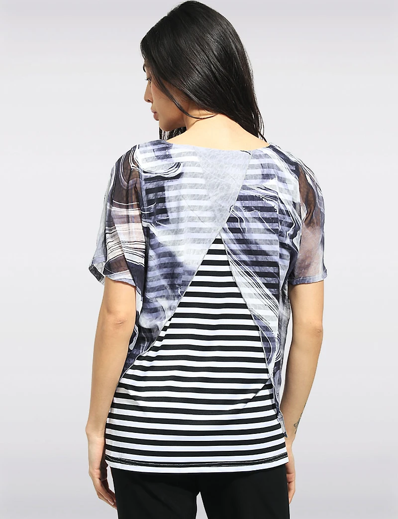 Sheer Printed Short-Sleeve Blouse with Striped Underlay by Today’s Designers