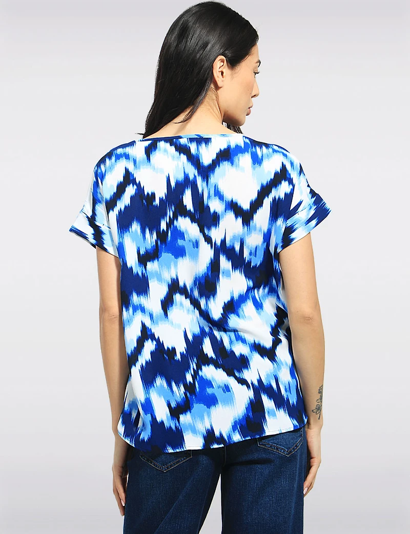 Flowy Abstract Print Top with Cap Sleeves and Rounded Hemline by Ninety Clothing