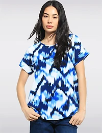 Flowy Abstract Print Top with Cap Sleeves and Rounded Hemline by Ninety Clothing