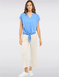 Chic Split V-Neck Short-Sleeve Knit Top with Tie-Front Detail by Ninety Clothing