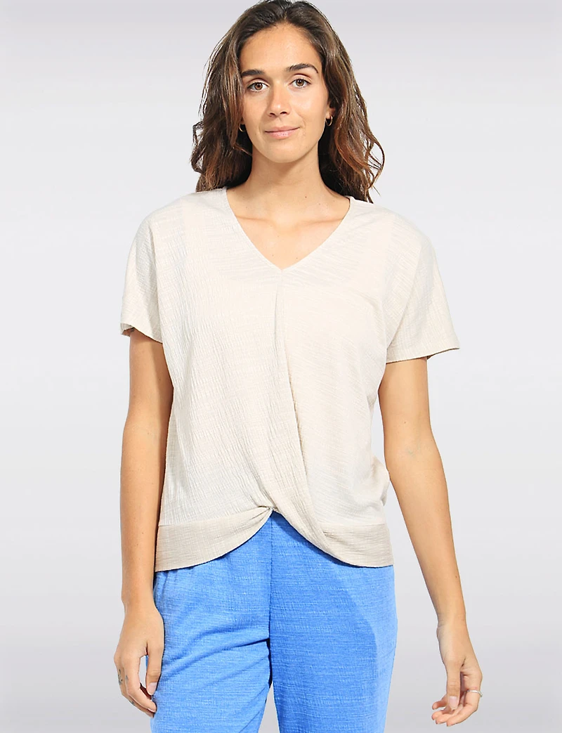 Chic Heathered V-Neck with Twist Front Detail & Short Sleeves by Ninety