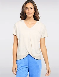 Chic Heathered V-Neck with Twist Front Detail & Short Sleeves by Ninety