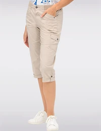 Relaxed Stretch Utility Capri Pants with Roll-Cuff Hem & Cargo Pockets by Dash
