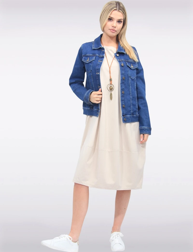 Classic Medium-Wash Cotton Denim Button-Front & Pockets Trucker Jacket by Dash
