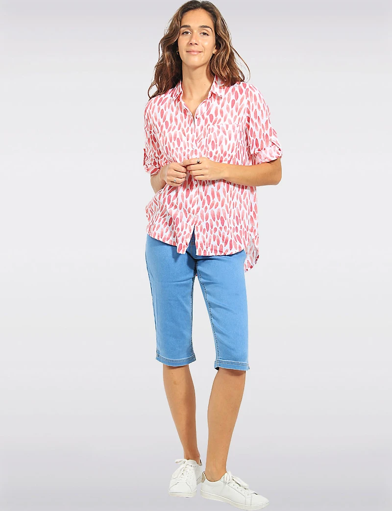 Pink Abstract Print Button-Front 3/4 Seeves Roll-Tab Shirt Blouse by Dash