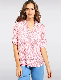 Pink Abstract Print Button-Front 3/4 Seeves Roll-Tab Shirt Blouse by Dash