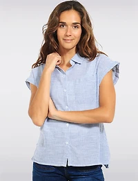 Straight Navy Cotton Stripe Cap Sleeve Button-Front Blouse Shirt by Dash