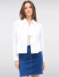 Chic Straight Cut White Cotton Floral Eyelet Button-Front Shirt Jacket by Dash