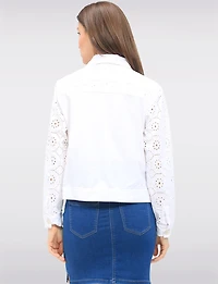 Chic Straight Cut White Cotton Floral Eyelet Button-Front Shirt Jacket by Dash