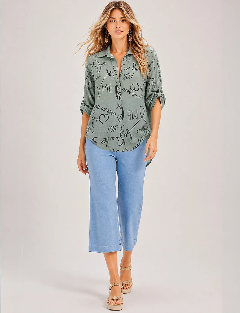 Stretch Pull-On Wide-Leg Cropped Pants with Wide Elastic Waistband by Erika