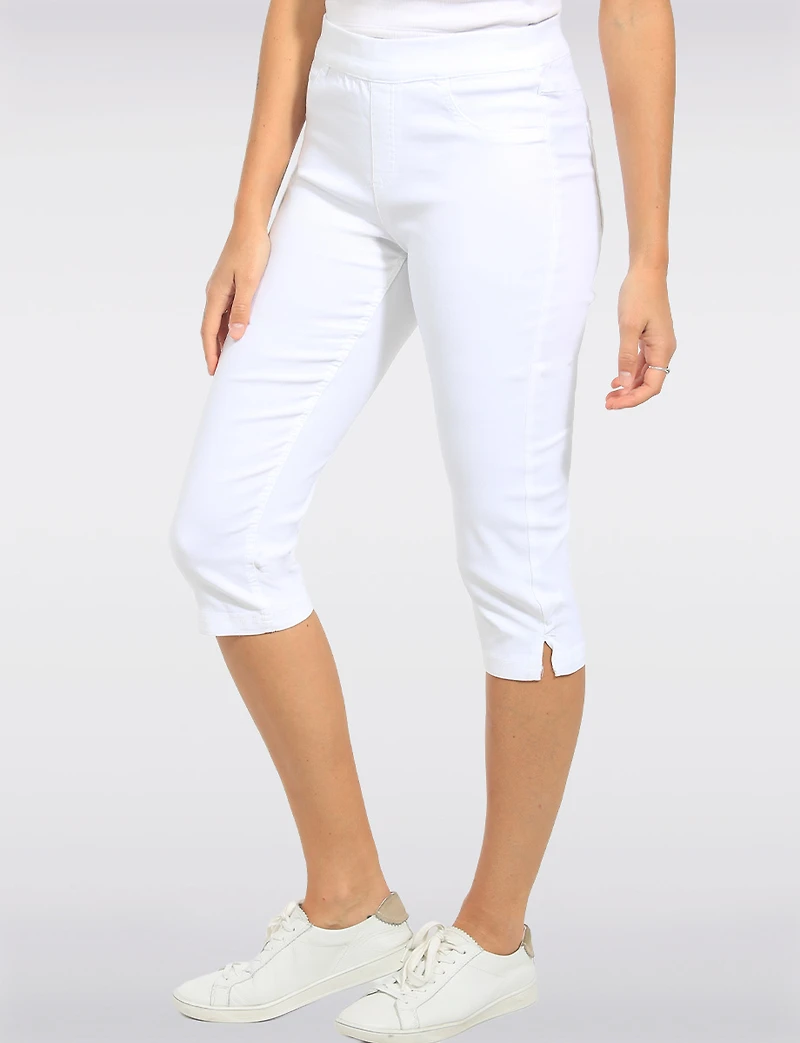 Slim-Fit Stretch Twill Pull-On Capris with Back Pockets and Side Slits by Erika