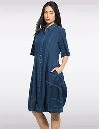 Mid-length Short Sleeve Button Down Shirt Collar Balloon Denim Dress by Spanner