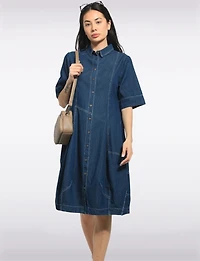 Mid-length Short Sleeve Button Down Shirt Collar Balloon Denim Dress by Spanner