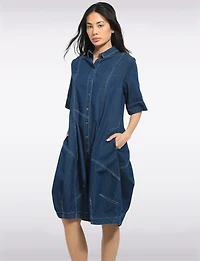 Mid-length Short Sleeve Button Down Shirt Collar Balloon Denim Dress by Spanner