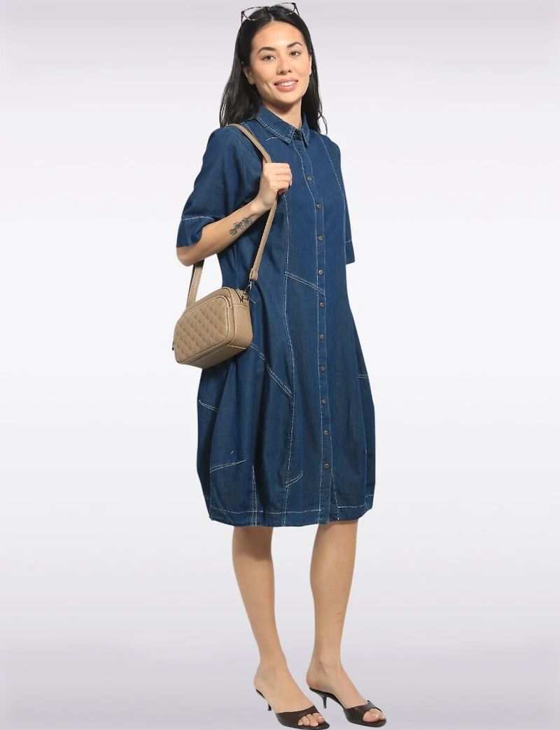 Mid-length Short Sleeve Button Down Shirt Collar Balloon Denim Dress by Spanner