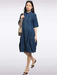 Mid-length Short Sleeve Button Down Shirt Collar Balloon Denim Dress by Spanner