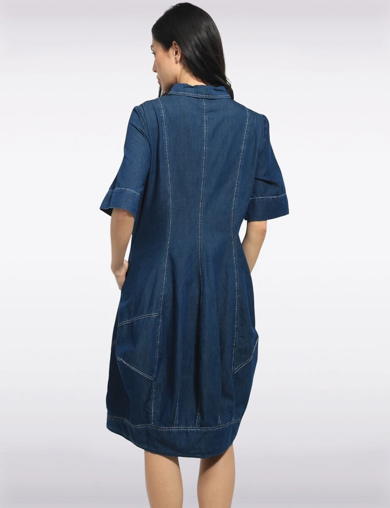 Mid-length Short Sleeve Button Down Shirt Collar Balloon Denim Dress by Spanner