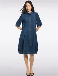 Mid-length Short Sleeve Button Down Shirt Collar Balloon Denim Dress by Spanner