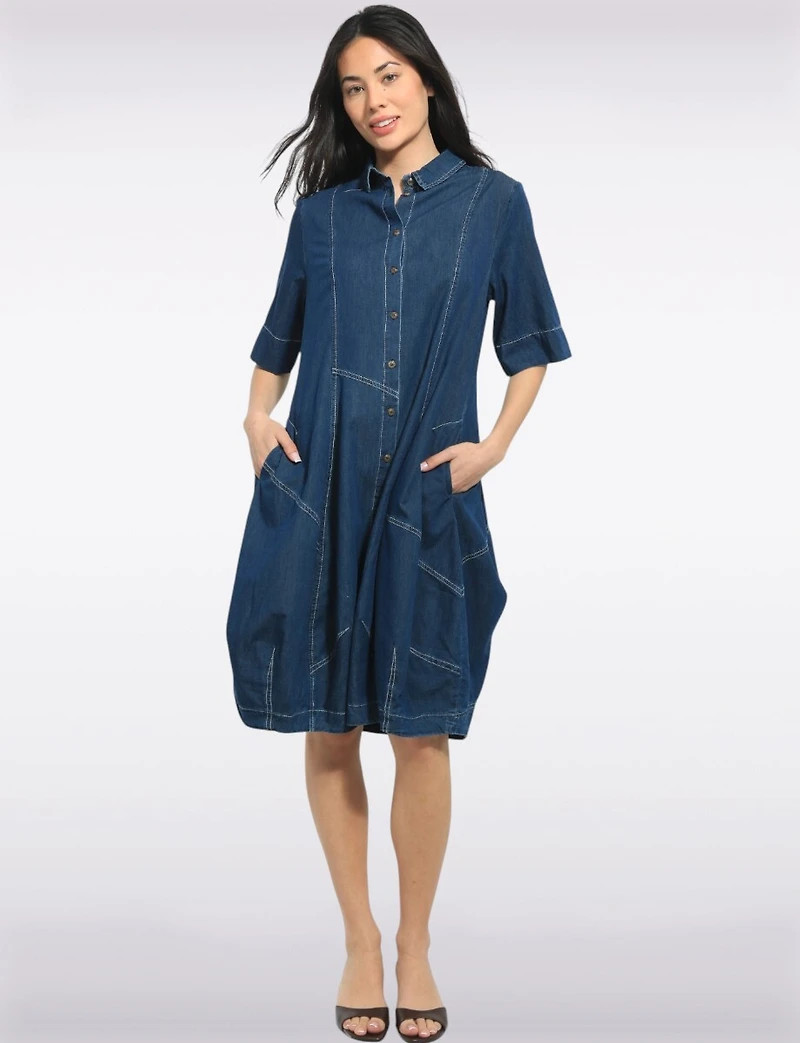 Mid-length Short Sleeve Button Down Shirt Collar Balloon Denim Dress by Spanner