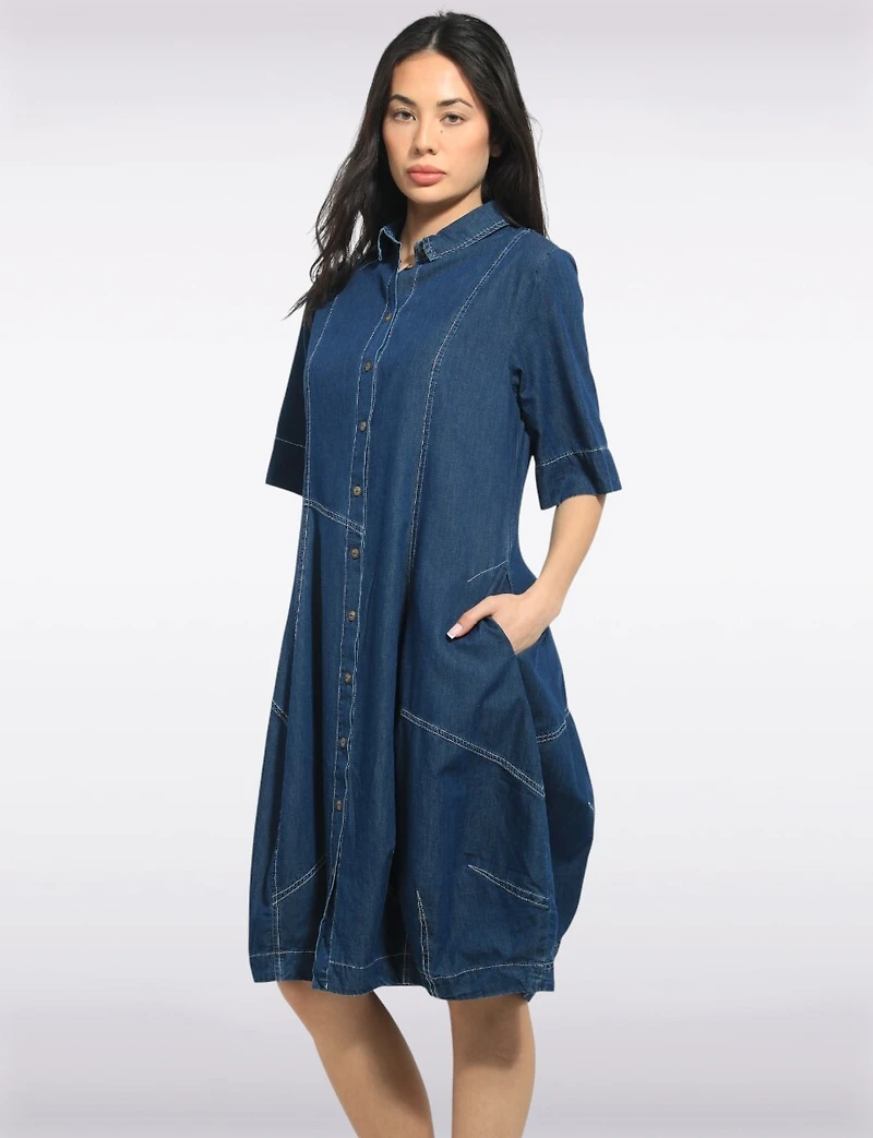 Mid-length Short Sleeve Button Down Shirt Collar Balloon Denim Dress by Spanner