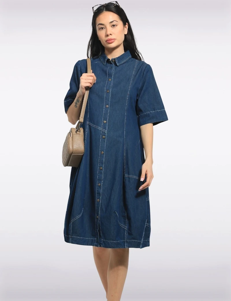 Mid-length Short Sleeve Button Down Shirt Collar Balloon Denim Dress by Spanner