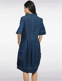 Mid-length Short Sleeve Button Down Shirt Collar Balloon Denim Dress by Spanner