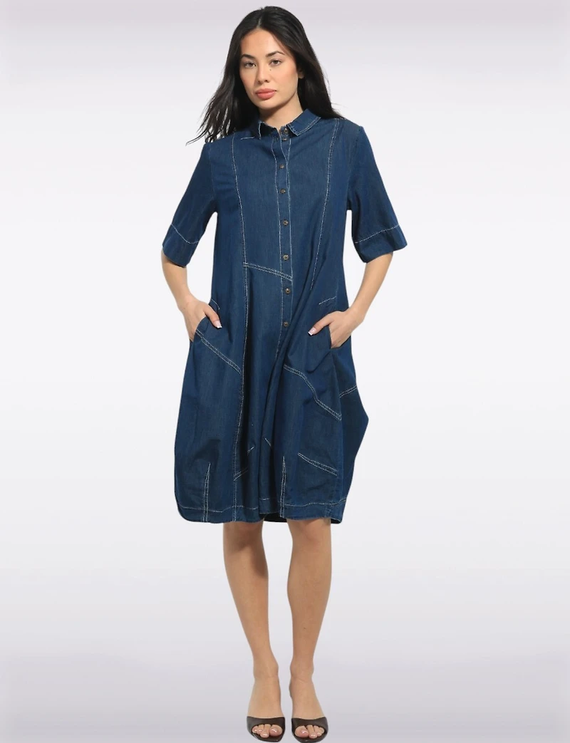 Mid-length Short Sleeve Button Down Shirt Collar Balloon Denim Dress by Spanner
