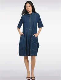 Mid-length Short Sleeve Button Down Shirt Collar Balloon Denim Dress by Spanner