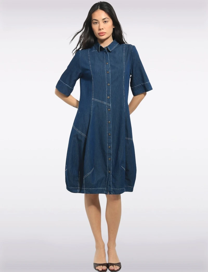 Mid-length Short Sleeve Button Down Shirt Collar Balloon Denim Dress by Spanner