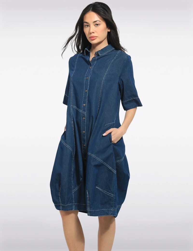 Mid-length Short Sleeve Button Down Shirt Collar Balloon Denim Dress by Spanner