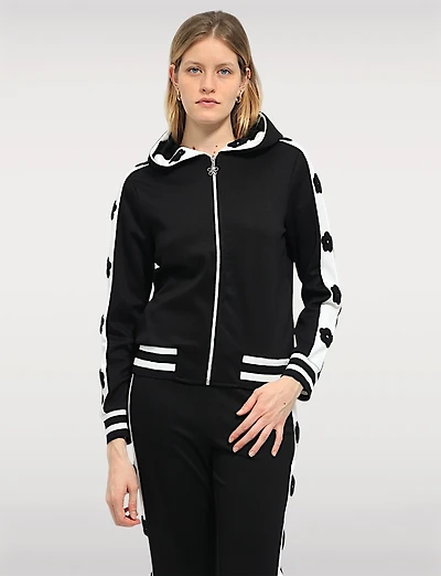 Zip-Up Hoodie with Striped Trim Floral Appliqué Details & Side Pockets by Orly
