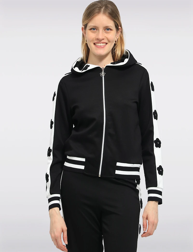 Zip-Up Hoodie with Striped Trim Floral Appliqué Details & Side Pockets by Orly