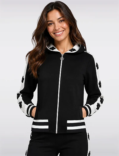 Zip-Up Hoodie with Striped Trim Floral Appliqué Details & Side Pockets by Orly