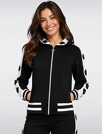 Zip-Up Hoodie with Striped Trim Floral Appliqué Details & Side Pockets by Orly