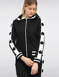 Zip-Up Hoodie with Striped Trim Floral Appliqué Details & Side Pockets by Orly