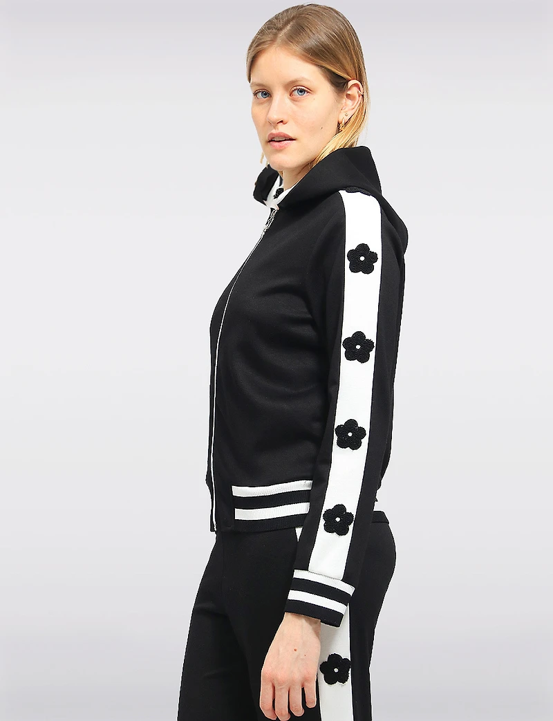 Zip-Up Hoodie with Striped Trim Floral Appliqué Details & Side Pockets by Orly