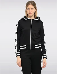 Zip-Up Hoodie with Striped Trim Floral Appliqué Details & Side Pockets by Orly